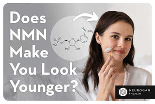 Woman rolling her skin care into skin. Text: Does NMN Make you Look Younger? 