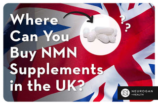 the UK flag and NMN capsules. Text: Where can you buy NMN supplements in the UK? 