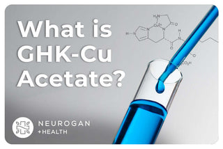 What is GHK-Cu Acetate? Image of a laboratory pipette with blue liquid and molecular structure background.