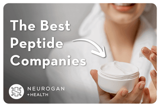 Woman about to apply peptide cream to her face. Text: The best peptide companies.