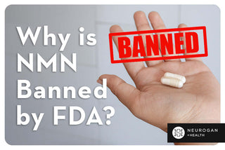 Hand holding NMN capsules with 'BANNED' stamp overlaid, questioning FDA regulations