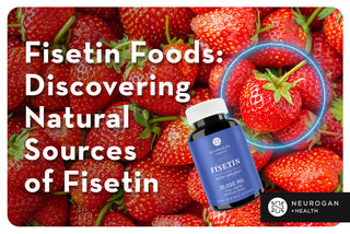 Fresh strawberries with Neurogan Fisetin supplement, highlighting natural sources