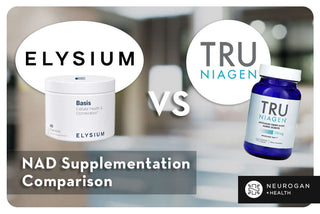  Elysium Basis and Tru Niagen supplement bottles shown side by side for NAD supplementation comparison.