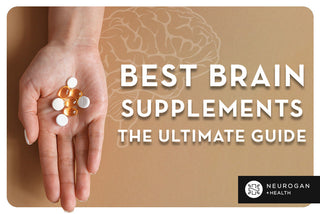 Hand holding an assortment of brain supplement capsules and tablets with a brain illustration in the background.