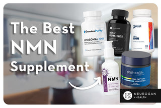 Assorted NMN supplements including capsules, gummies, drops, and powder with text ‘The Best NMN Supplement'