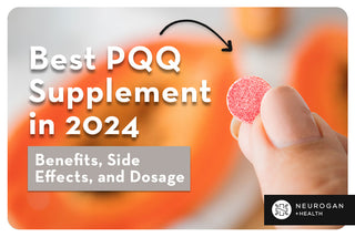 Holding a supplement. text: Best PQQ supplement in 2024. Benefits, side effects, and dosage
