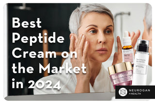 Middle aged woman putting Peptides on her skin. Text: Best Peptide Cream on the market in 2024