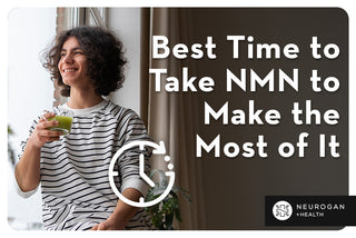 Woman sitting by the window drinking tea. Text: Best time to take NMN to make the most of it