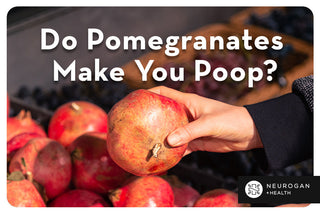 Hand holding a pomegranate with blurred fruits in the background, addressing digestion question