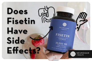 Holding a bottle of Neurogan fisetin. Text: Does fisetin have side effects? 