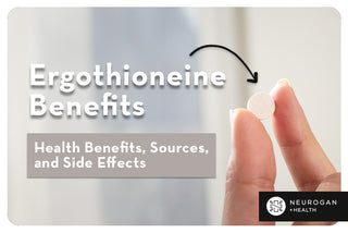 holding white ergothioneine tablet. Text: Ergothioneine benefits health benefits, sources, and side effects