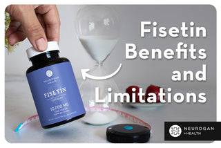 Holding a neurogan health fisetin bottle with an hourglass in the background. Text: Fisetin benefits and limitations