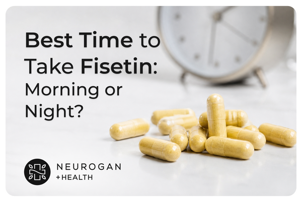 Blog header image titled 'Best Time to Take Fisetin: Morning or Night?' featuring a pile of fisetin capsules with a blurred clock in the background, from Neurogan Health