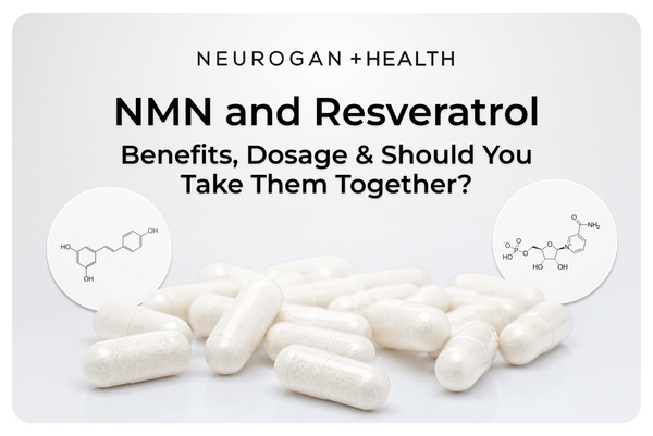 Neurogan Health graphic with scattered white capsules and two chemical structure callouts for resveratrol and NMN