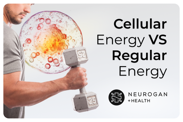 Man lifting a 25lb dumbbell with a glowing cell illustration overlaying his arm, next to text reading 'Cellular Energy VS Regular Energy' and the Neurogan Health logo.
