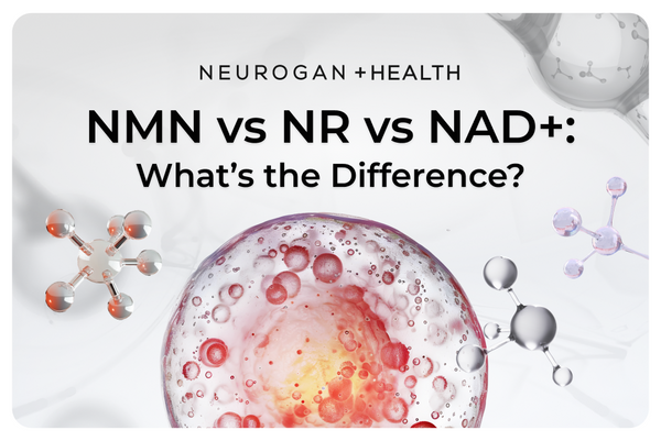 Neurogan+Health article header titled 'NMN vs NR vs NAD+: What's the Difference?' featuring 3D molecule models in silver, red, and purple against a clean white background with a red-and-white cellular sphere graphic at the center.