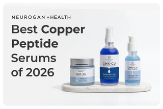 Neurogan Health 'Best Copper Peptide Serums of 2026' graphic featuring GHK-Cu Face Cream, Hair & Scalp Serum, and Face Serum on a marble tray.