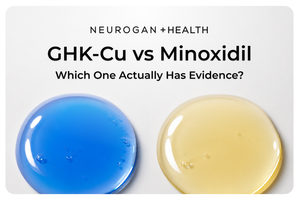 Blue and gold liquid droplets comparing GHK-Cu and Minoxidil for hair growth evidence