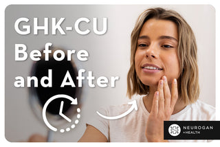 Woman applying skincare to her face. Text: GHK-CU before and after