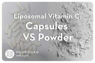 Liposomal Vitamin C capsules vs powder comparison image with capsules on one side and vitamin C powder on the other, branded by Neurogan Health.