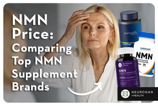 Woman looking in the mirror at wrinkles. Text: NMN Price: Comparing top NMN Supplement Brands