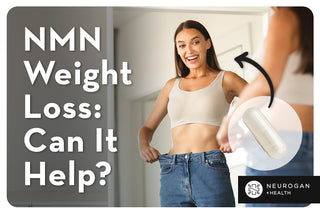 Woman in the mirror holding her jeans out to show weight loss. Text: NMN weight loss: Can it help? 