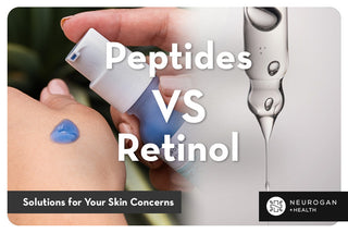 Blue peptide serum compared to retinol serum in a clear dropper. Text: Peptides vs retinol: Solutions for your skin concerns