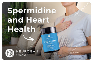 Spermidine supplement bottle with “Spermidine and Heart Health” text and person holding chest.