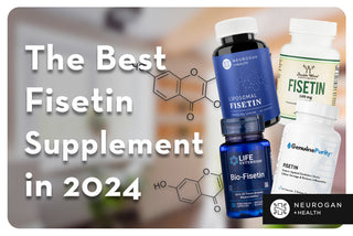 Various Fisetin supplement bottles with molecular graphics in the background. text: best fisetin supplement in 2024