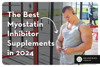 Man working out at the gym. Text: Best myostatin inhibitor supplements in 2024