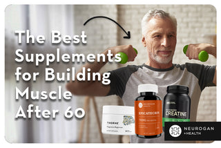 Older, healthy man working out. Text: The best supplements for building muscle after 60.