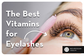 A woman's eyelashes up close. Text: The best vitamins for eye lashes 