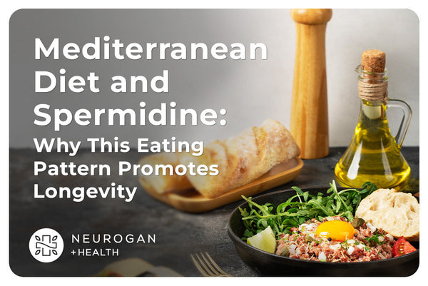 Mediterranean food with olive oil, bread, and dish, overlaid with text about diet and longevity.