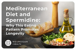 Mediterranean food with olive oil, bread, and dish, overlaid with text about diet and longevity.