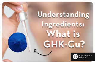 Holding a dropper with GHK-Cu (copper peptide) serum. Text: understanding ingredients: what is GHK-Cu
