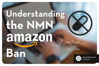 Someone shopping on their laptop on Amazon. Text: Understanding the NMN Amazon ban