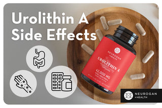 Neurogan Urolithin A capsules in a bowl. Text: Urolithin Side Effects