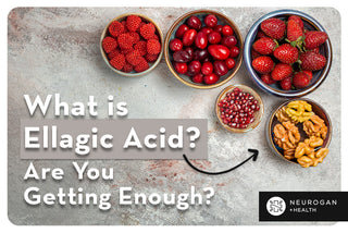 Foods rich in ellagic acid, strawberries, pommegranates, walnuts, and raspberries. Text: What is ellagic acid? Are you getting enough?