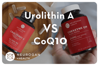 Neurogan health products: urolithin A and Coenzyme 10. Text: Urolithin A vs CoQ10