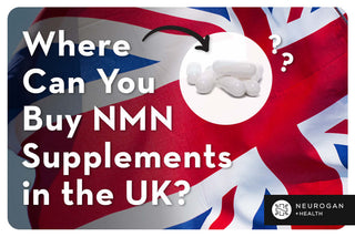 the UK flag and NMN capsules. Text: Where can you buy NMN supplements in the UK? 