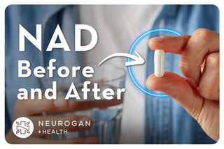 NAD before and after image showing a person holding a capsule and a glass of water, representing health benefits.