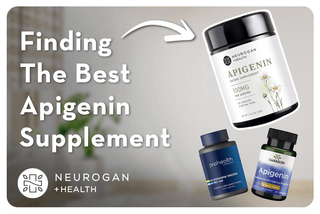 Assortment of Apigenin supplement bottles, text: finding the best apigenin supplement.