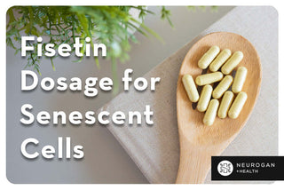 A spoon with fisetin capsules. Text: Fisetin dosage for senescent cells. 