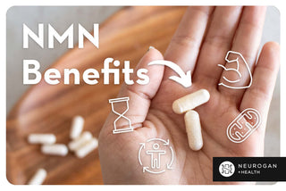 A hand holding NMN pills. Text: NMN Benefits