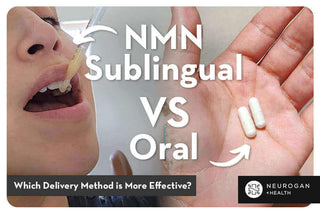 Side-by-side comparison of NMN sublingual liquid under the tongue and NMN oral capsules held in hand.