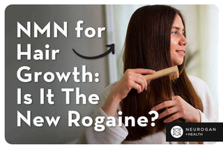 Woman brushing her hair. Text: NMN for hair growth: is it the new rogaine? 