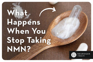 Open NMN capsules in a spoon. Text: What happens when you stop taking NMN