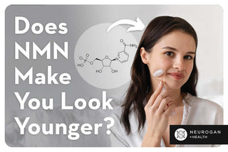 Woman rolling her skin care into skin. Text: Does NMN Make you Look Younger? 