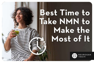Woman sitting by the window drinking tea. Text: Best time to take NMN to make the most of it