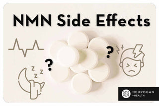 White supplement tablets surrounded by icons symbolizing NMN side effects like headache and fatigue.